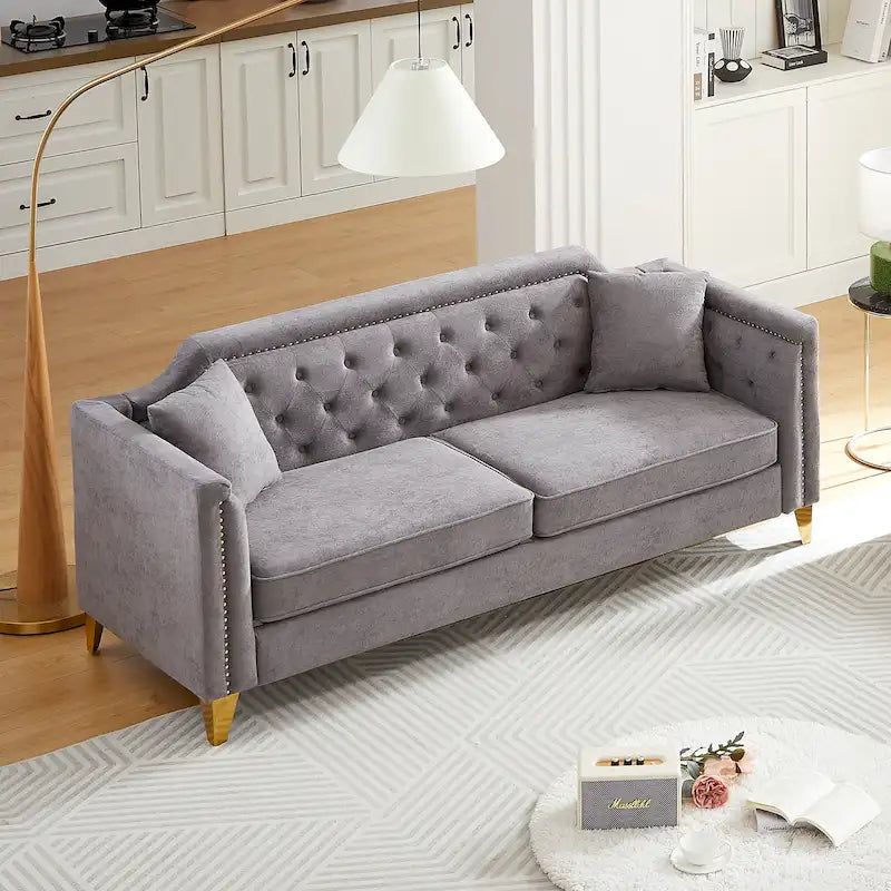 Canapé 3 places touffeté en chenille grise avec pieds en métal doré