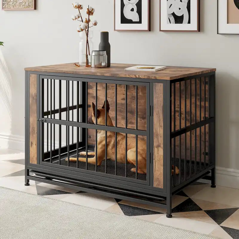 Table d'appoint caisse pour chien en bois noir marron, 2 portes, un seul animal de compagnie