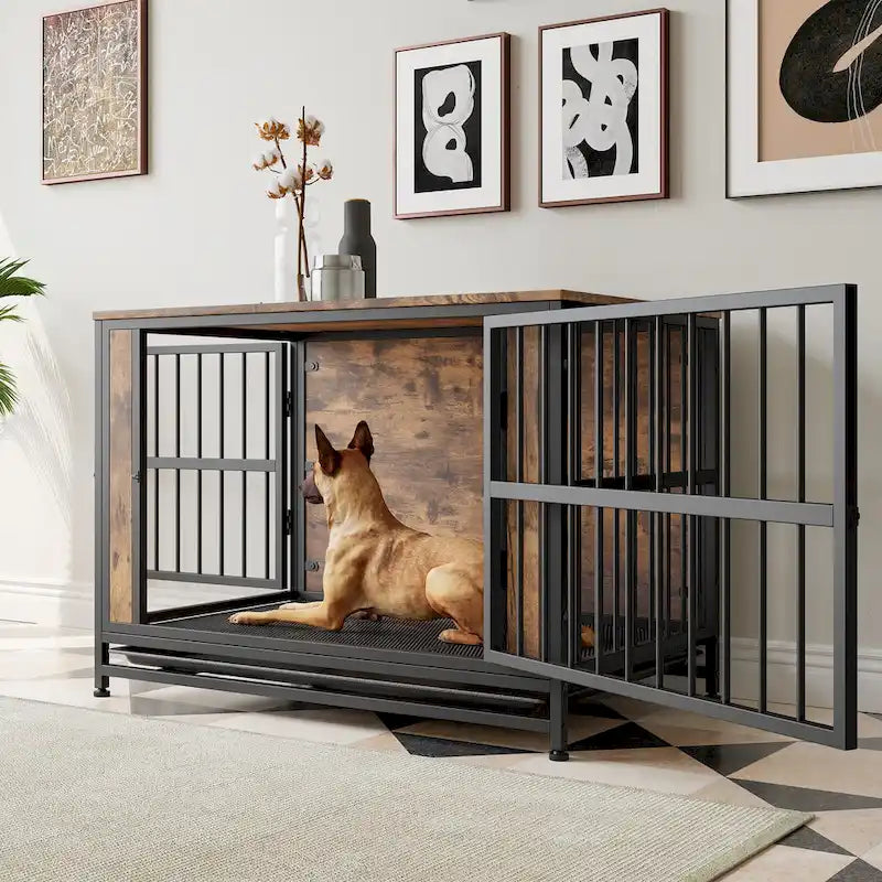 Table d'appoint caisse pour chien en bois noir marron, 2 portes, un seul animal de compagnie