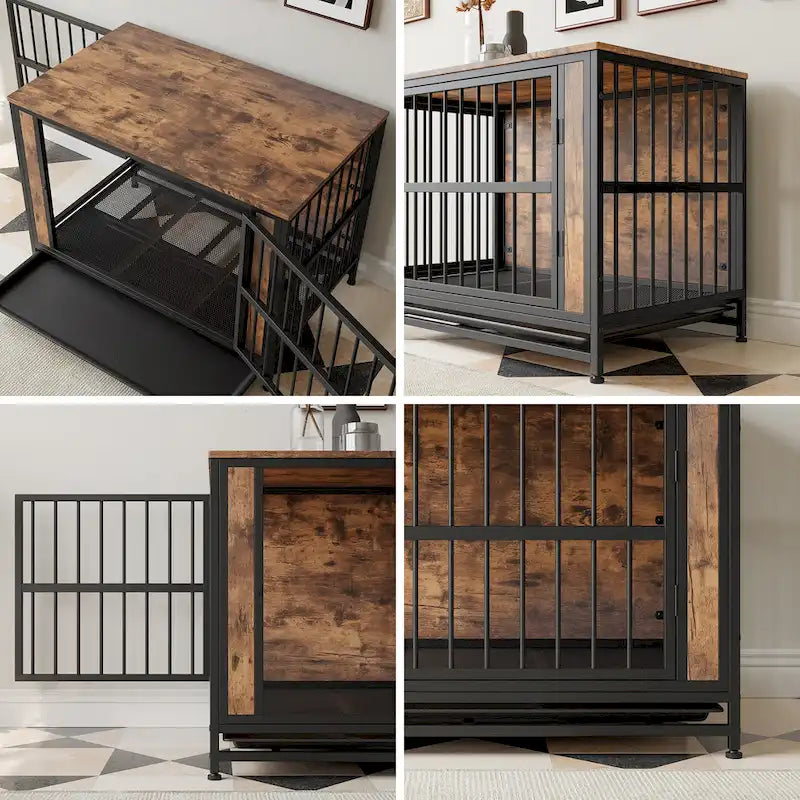 Table d'appoint caisse pour chien en bois noir marron, 2 portes, un seul animal de compagnie