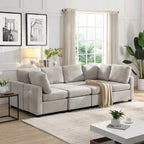 Canapé modulable 6 places en chenille grise avec 2 poufs