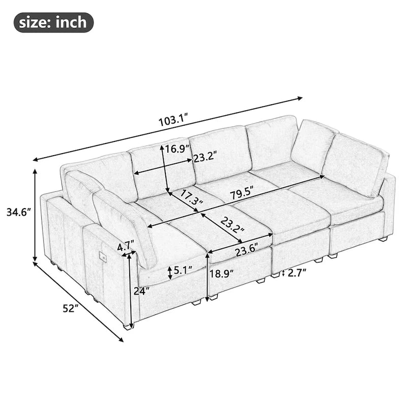 Canapé modulable 6 places en chenille grise avec 2 poufs