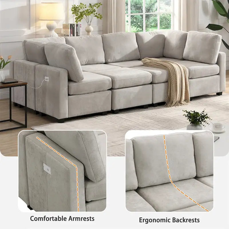 Canapé modulable 6 places en chenille grise avec 2 poufs
