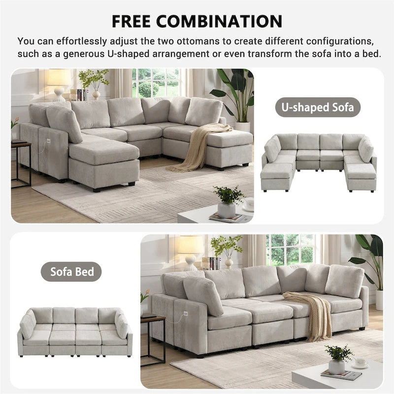 Canapé modulable 6 places en chenille grise avec 2 poufs