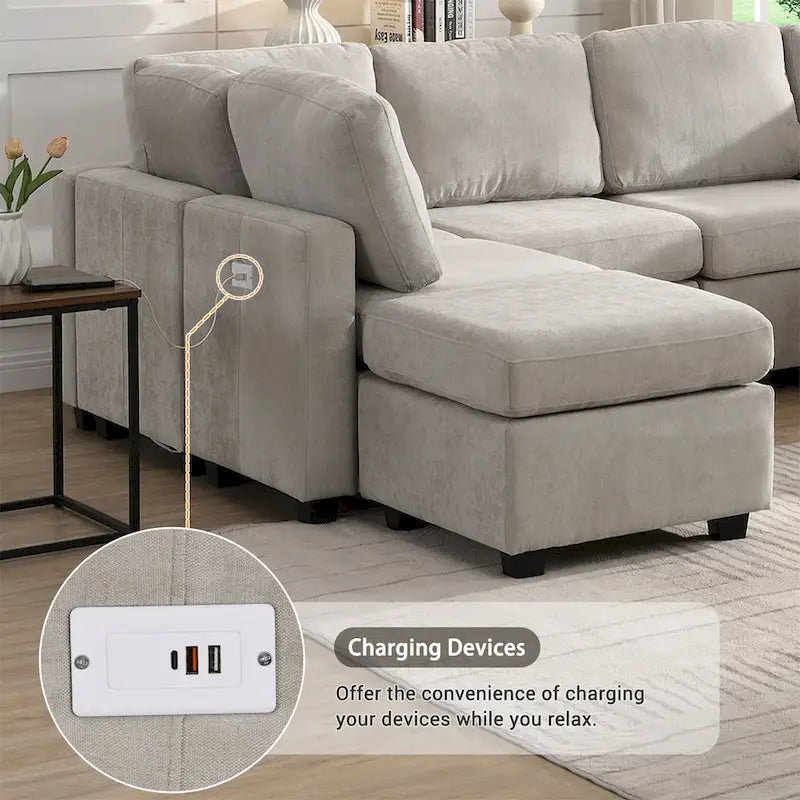 Canapé modulable 6 places en chenille grise avec 2 poufs
