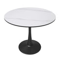 Table à manger ronde en pierre frittée blanche / noire / bois naturel, pied central, 4 places