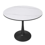 Table à manger ronde en pierre frittée blanche / noire / bois naturel, pied central, 4 places