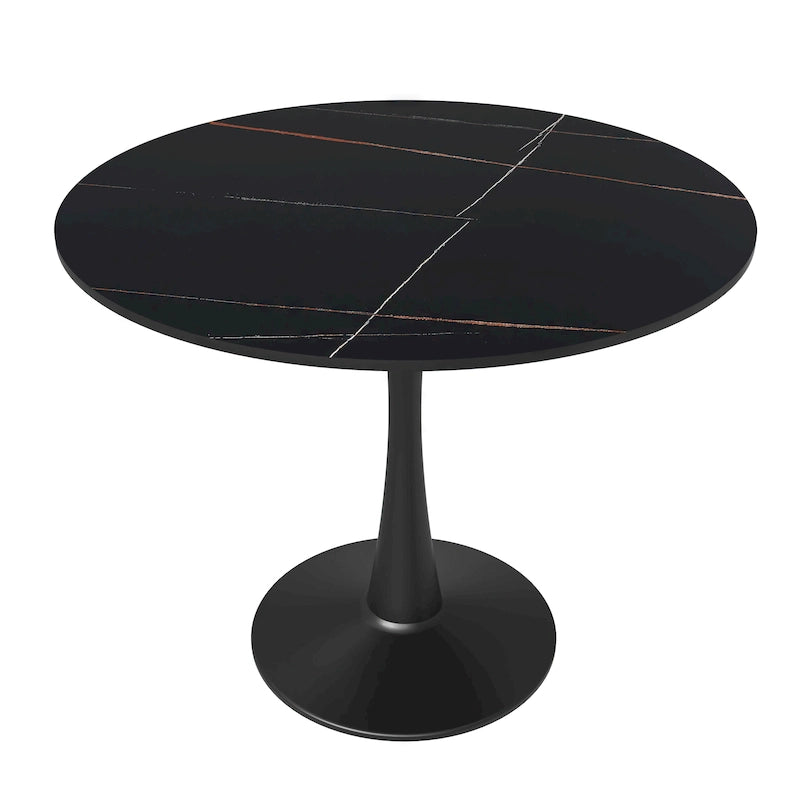 Table à manger ronde en pierre frittée blanche / noire / bois naturel, pied central, 4 places