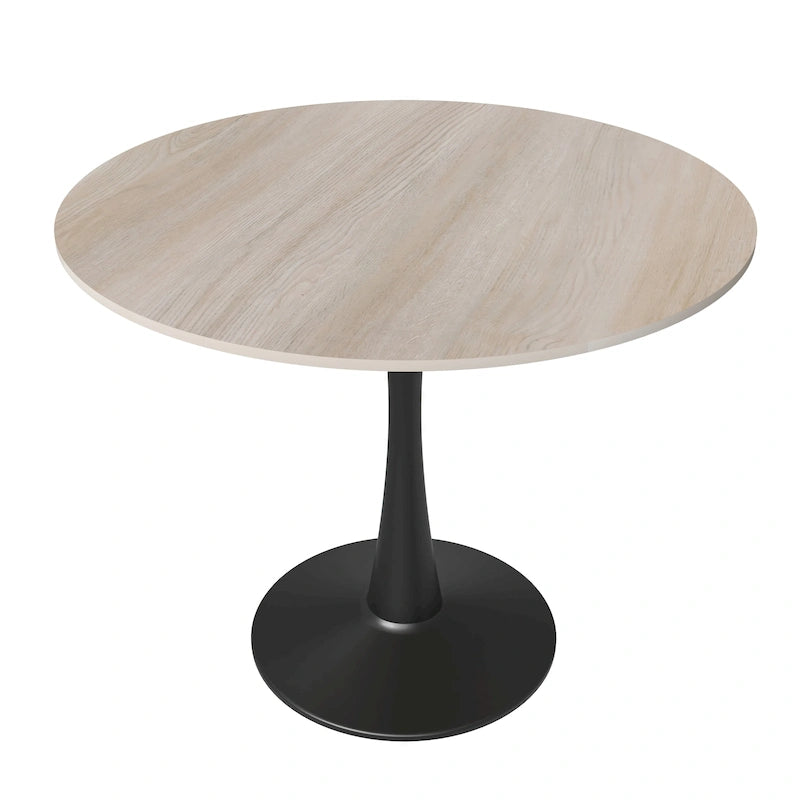 Table à manger ronde en pierre frittée blanche / noire / bois naturel, pied central, 4 places