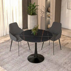 Table à manger ronde en pierre frittée blanche / noire / bois naturel, pied central, 4 places
