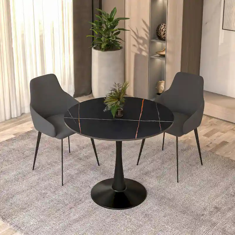 Table à manger ronde en pierre frittée blanche / noire / bois naturel, pied central, 4 places