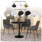 Table à manger ronde en pierre frittée blanche / noire / bois naturel, pied central, 4 places