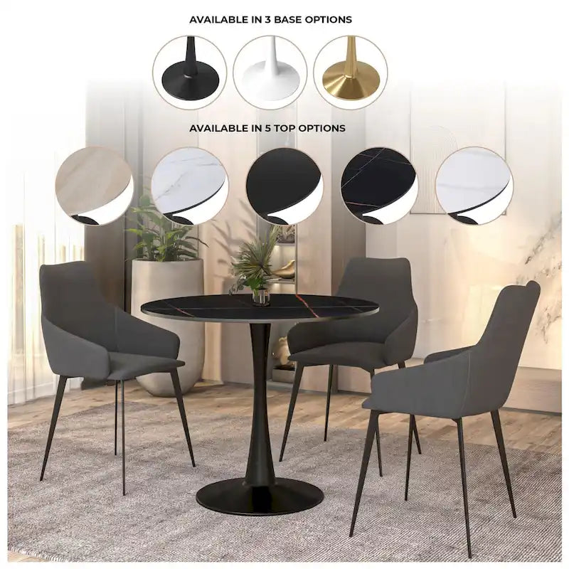 Table à manger ronde en pierre frittée blanche / noire / bois naturel, pied central, 4 places