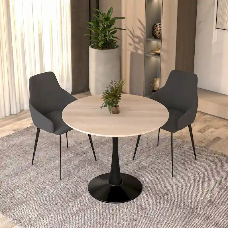 Table à manger ronde en pierre frittée blanche / noire / bois naturel, pied central, 4 places