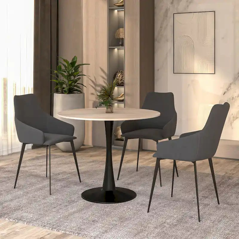 Table à manger ronde en pierre frittée blanche / noire / bois naturel, pied central, 4 places