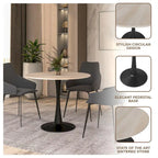 Table à manger ronde en pierre frittée blanche / noire / bois naturel, pied central, 4 places