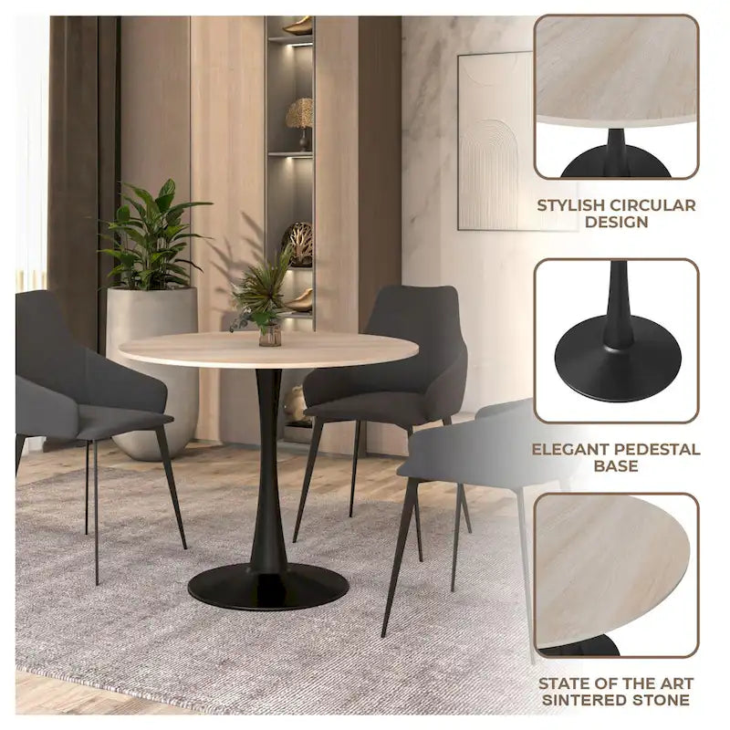 Table à manger ronde en pierre frittée blanche / noire / bois naturel, pied central, 4 places
