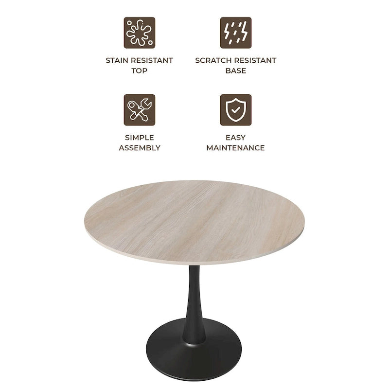 Table à manger ronde en pierre frittée blanche / noire / bois naturel, pied central, 4 places