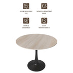 Table à manger ronde en pierre frittée blanche / noire / bois naturel, pied central, 4 places