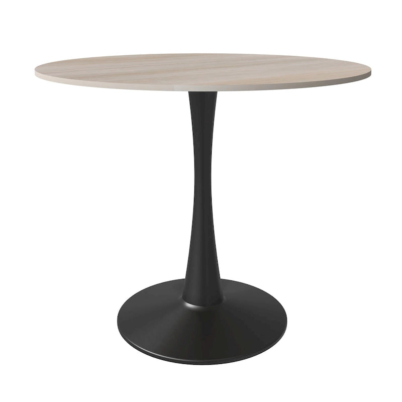 Table à manger ronde en pierre frittée blanche / noire / bois naturel, pied central, 4 places