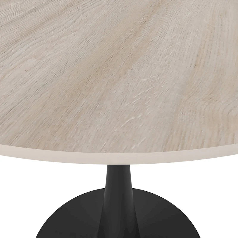 Table à manger ronde en pierre frittée blanche / noire / bois naturel, pied central, 4 places
