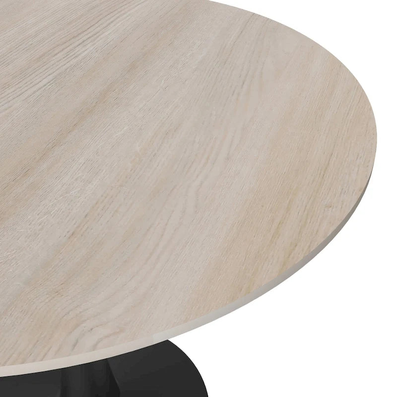 Table à manger ronde en pierre frittée blanche / noire / bois naturel, pied central, 4 places