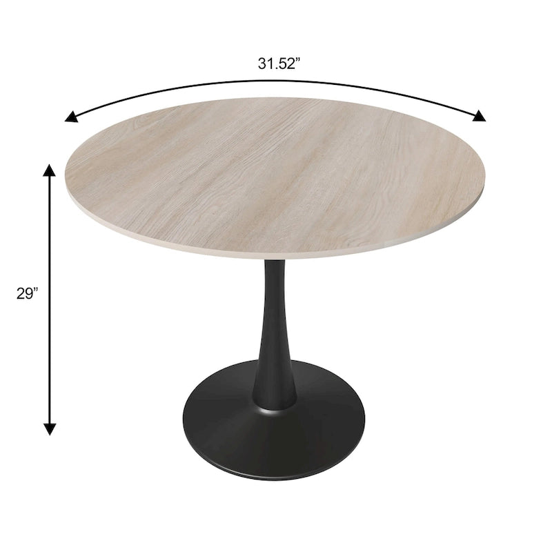 Table à manger ronde en pierre frittée blanche / noire / bois naturel, pied central, 4 places