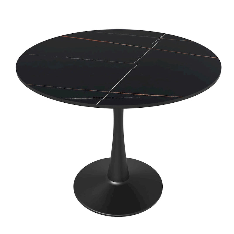 Table à manger ronde en pierre frittée blanche / noire / bois naturel, pied central, 4 places