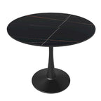 Table à manger ronde en pierre frittée blanche / noire / bois naturel, pied central, 4 places