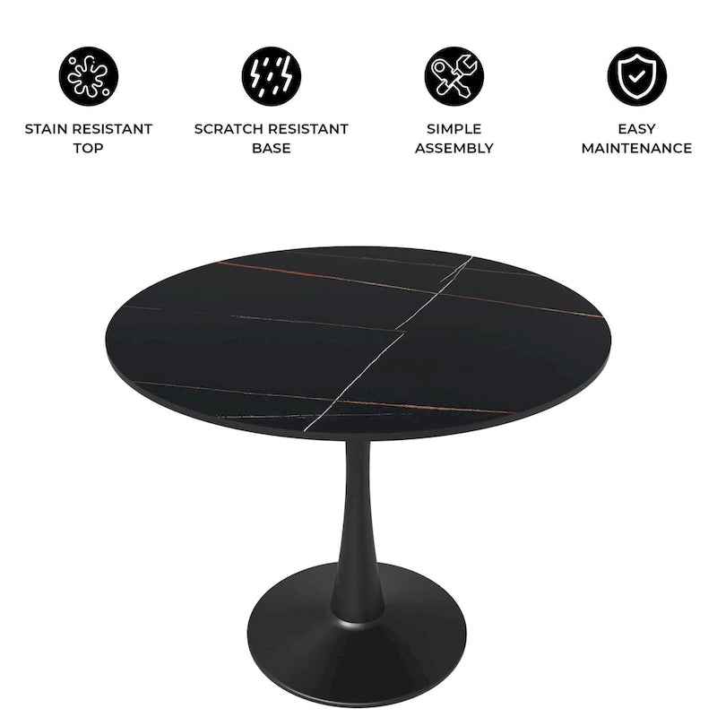 Table à manger ronde en pierre frittée blanche / noire / bois naturel, pied central, 4 places