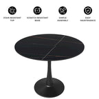 Table à manger ronde en pierre frittée blanche / noire / bois naturel, pied central, 4 places