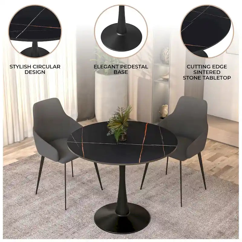 Table à manger ronde en pierre frittée blanche / noire / bois naturel, pied central, 4 places