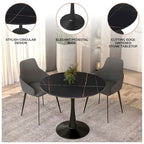 Table à manger ronde en pierre frittée blanche / noire / bois naturel, pied central, 4 places