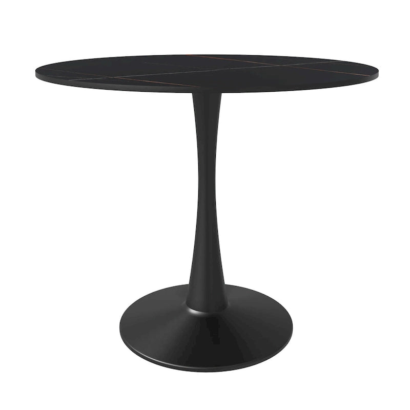 Table à manger ronde en pierre frittée blanche / noire / bois naturel, pied central, 4 places