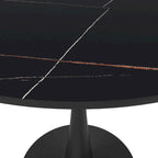Table à manger ronde en pierre frittée blanche / noire / bois naturel, pied central, 4 places