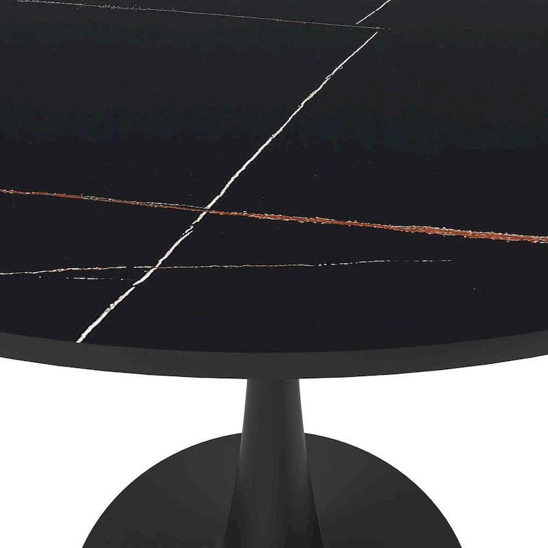 Table à manger ronde en pierre frittée blanche / noire / bois naturel, pied central, 4 places