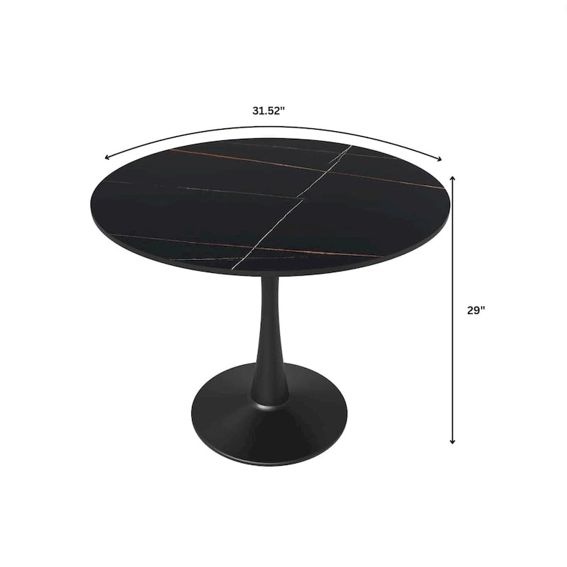 Table à manger ronde en pierre frittée blanche / noire / bois naturel, pied central, 4 places