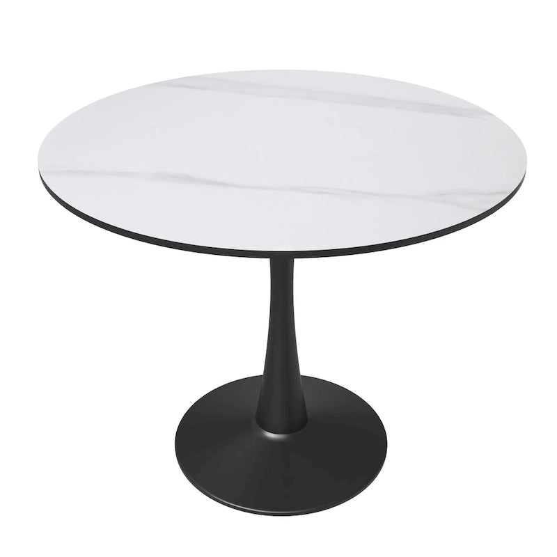 Table à manger ronde en pierre frittée blanche / noire / bois naturel, pied central, 4 places