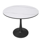 Table à manger ronde en pierre frittée blanche / noire / bois naturel, pied central, 4 places