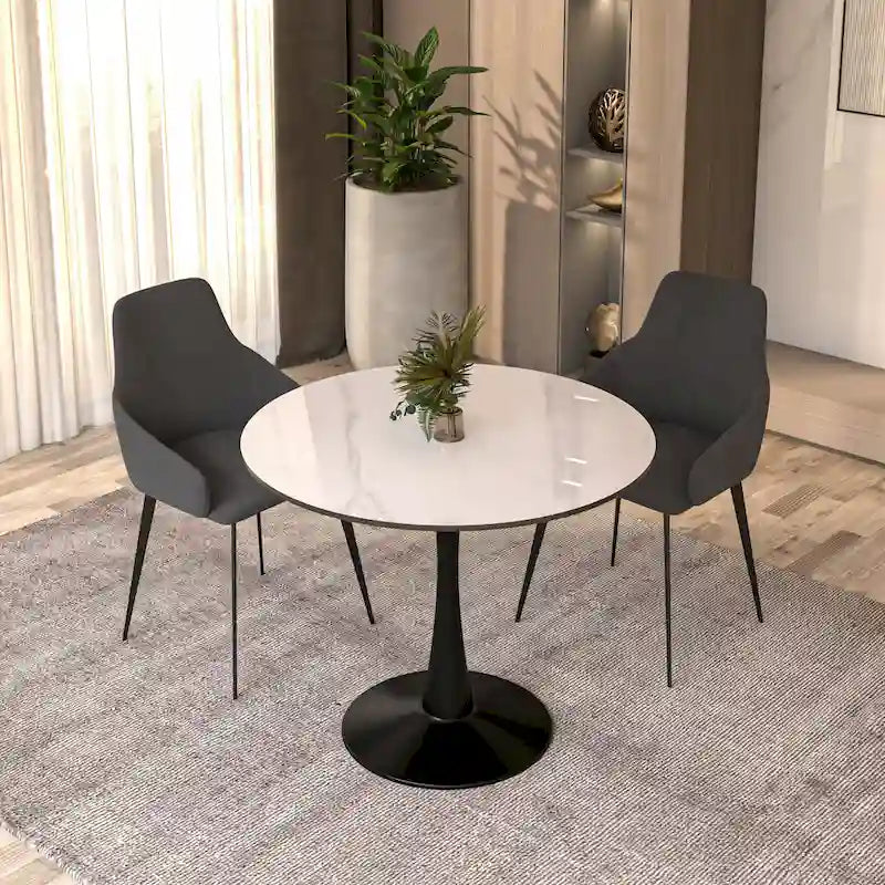 Table à manger ronde en pierre frittée blanche / noire / bois naturel, pied central, 4 places