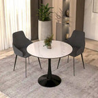 Table à manger ronde en pierre frittée blanche / noire / bois naturel, pied central, 4 places