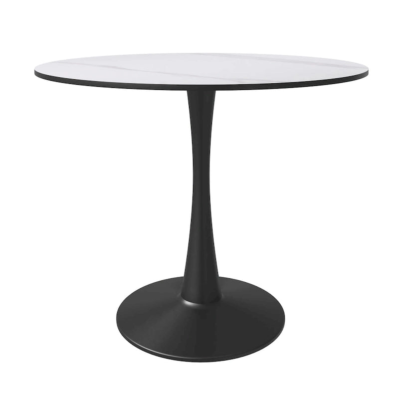 Table à manger ronde en pierre frittée blanche / noire / bois naturel, pied central, 4 places