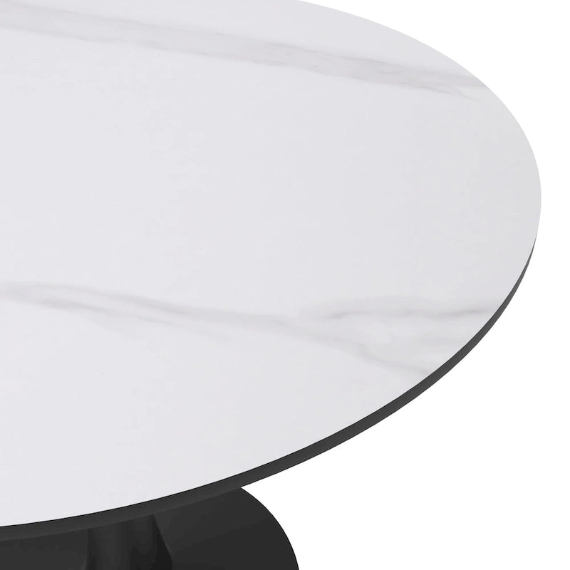 Table à manger ronde en pierre frittée blanche / noire / bois naturel, pied central, 4 places