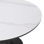 Table à manger ronde en pierre frittée blanche / noire / bois naturel, pied central, 4 places