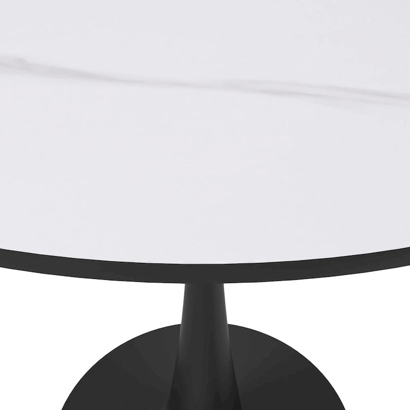 Table à manger ronde en pierre frittée blanche / noire / bois naturel, pied central, 4 places