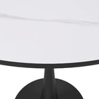 Table à manger ronde en pierre frittée blanche / noire / bois naturel, pied central, 4 places