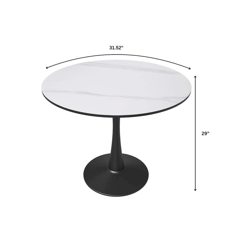 Table à manger ronde en pierre frittée blanche / noire / bois naturel, pied central, 4 places