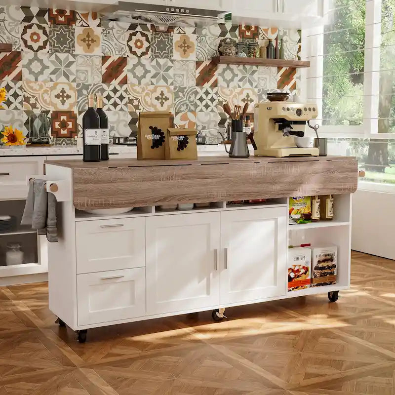 Desserte de cuisine blanche à roulettes avec plateau rabattable, 2 tiroirs et 2 placards, utilisation par 1 personne