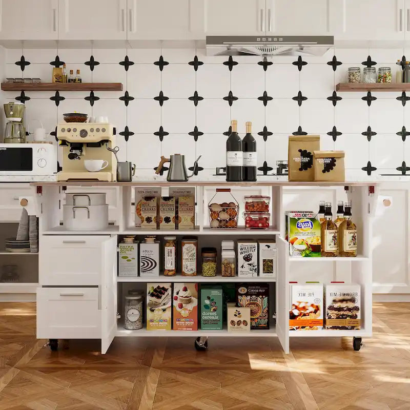 Desserte de cuisine blanche à roulettes avec plateau rabattable, 2 tiroirs et 2 placards, utilisation par 1 personne