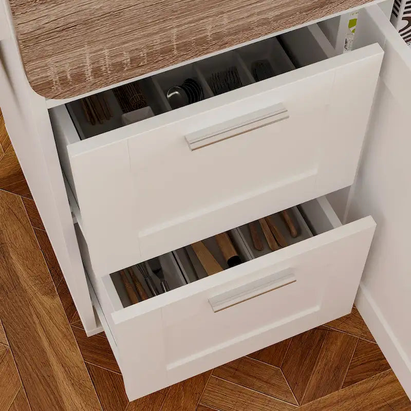 Desserte de cuisine blanche à roulettes avec plateau rabattable, 2 tiroirs et 2 placards, utilisation par 1 personne